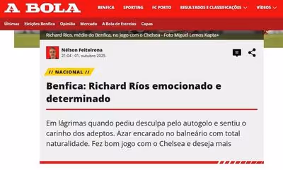 Jornal português repercute gol contra de Richard Ríos no Benfica