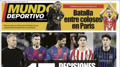 El primer partido de semifinales de la Champions entre el Paris Saint-Germain y el Bayern de Múnich, protagonista de las portadas deportivas